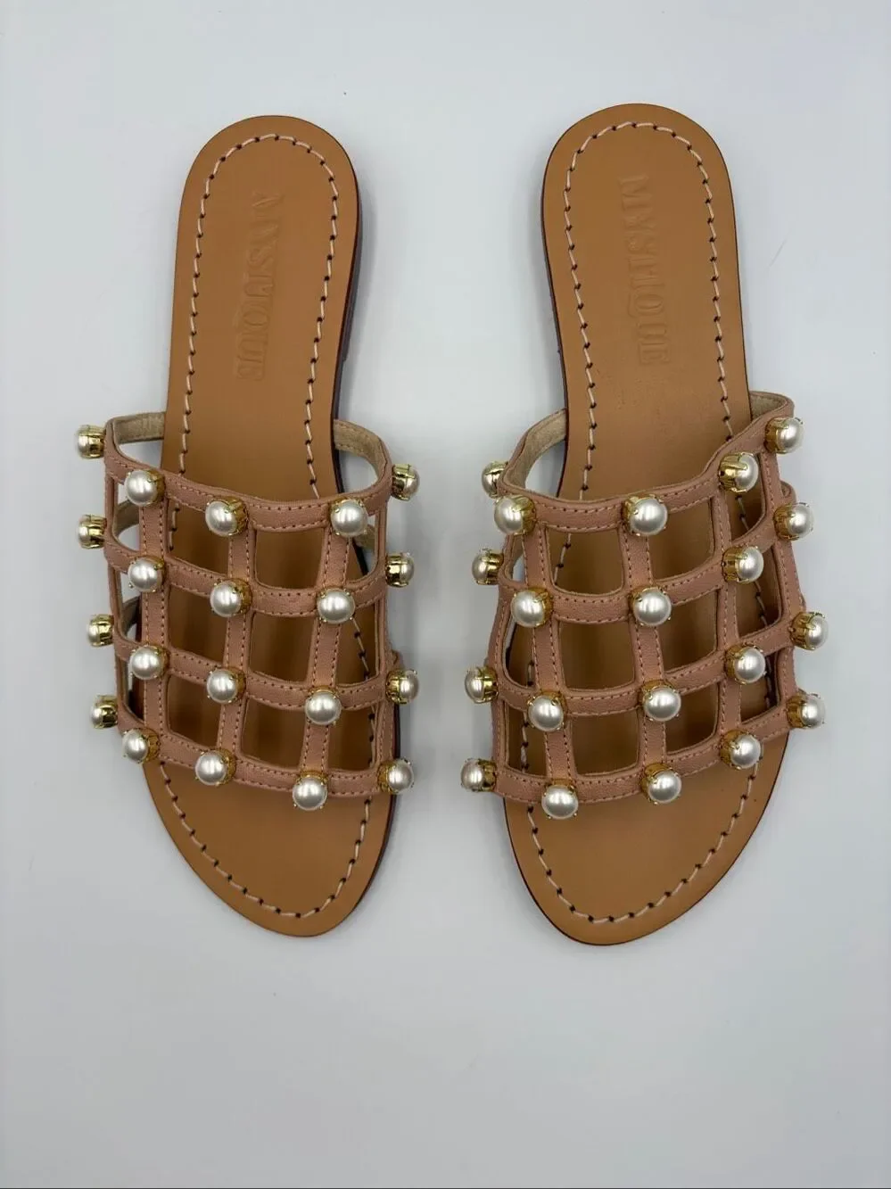 Mystique Size 9 Champagne Leather Pearl Embellished Slide Sandals